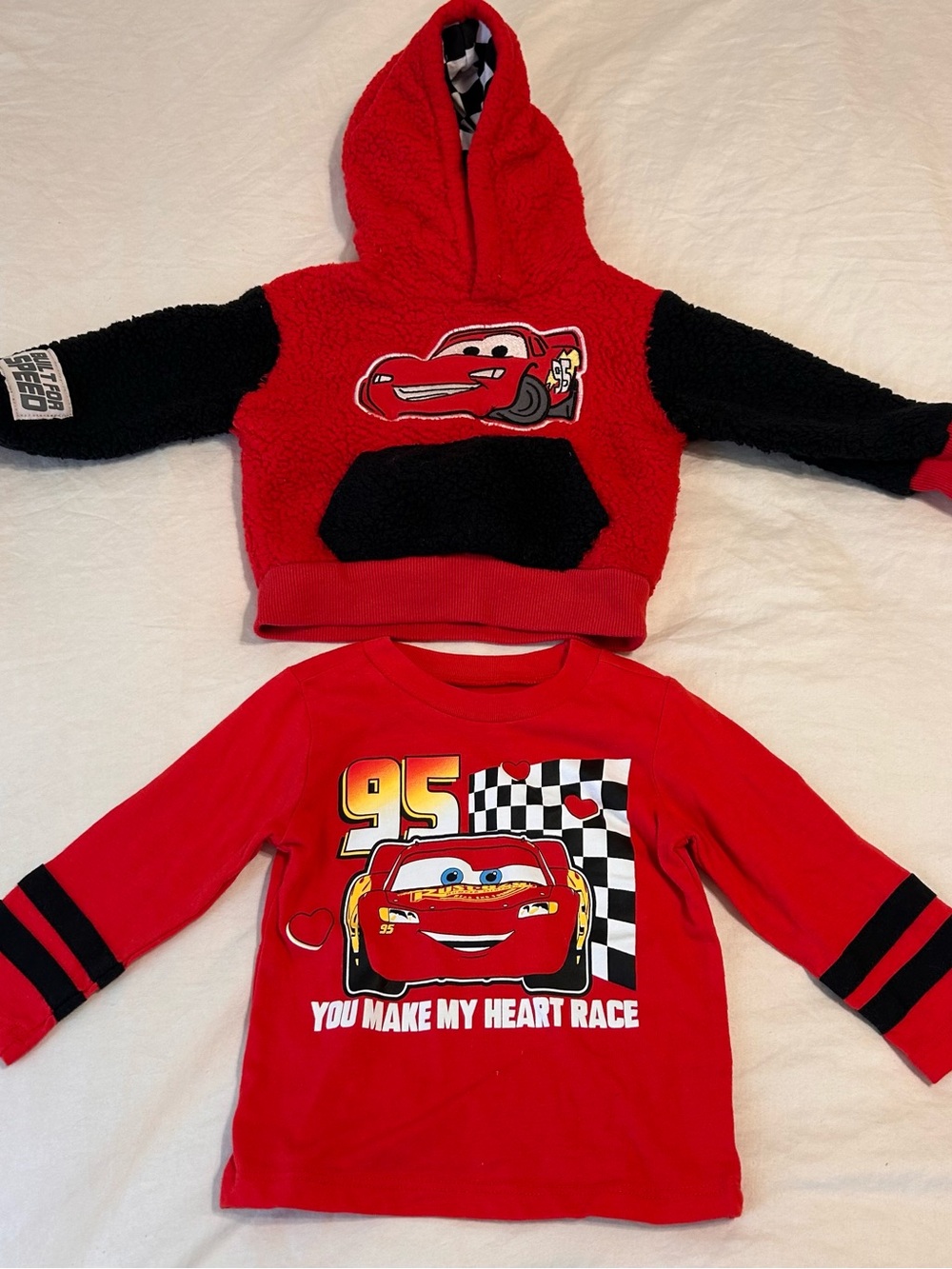 Lot of 2 Disney Cars Lightning McQueen Faux Fur Hoodie Long Sleeve Shirt 12month